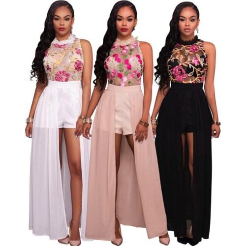 Women Elegant Long Jumpsuit Overalls 2019 New Fashion Sexy Sheer Mesh embroidery Summer jumpsuit Chiffon Club Party Women Romper