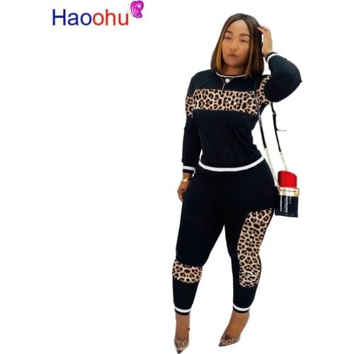 Leopard Spliced Sexy Two Piece Womens Tracksuit Set Round Neck Long Sleeve Tops and Long Pencil Pants Causal 2 Piece Outfits