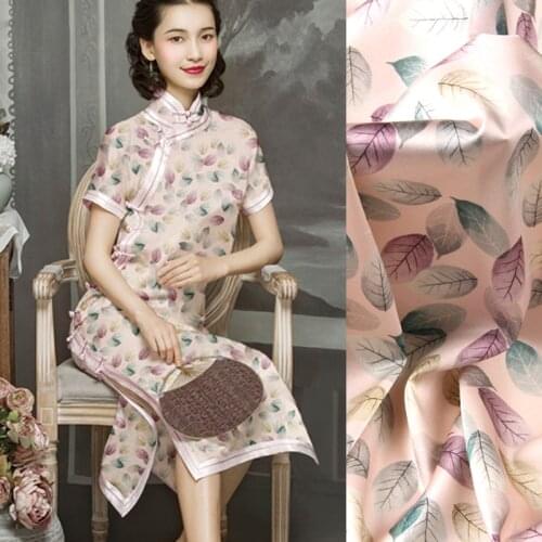 118CM Wide 19MM Leaves Print 93% Silk & 7% Spandex Pink Stretch Silk Satin Fabric for Dress Cheongsam Shirt Jacket D1046