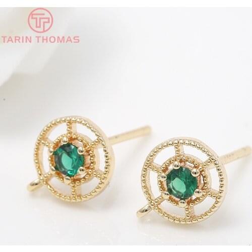 4PCS 8x10MM Hole 1MM 24K Gold Color Brass with Zircon Round Stud Earrings High Quality Diy Jewelry Findings Accessories
