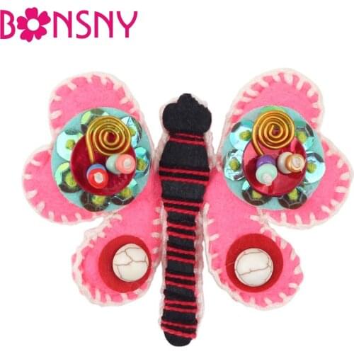 Bonsny Handmade Cotton Material Butterfly Shape Brooch Wedding Pin Collar For Women Ladies Decoration Fashion Jewelry Sequins