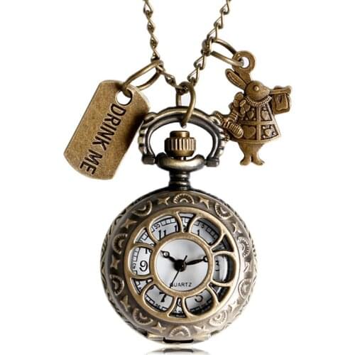 Bronze Hollow Flower Small Size Pendant Pocket Watch Drink Me Tag Rabbit Accessory Quartz Pocket Watch Small Size Kid Clock