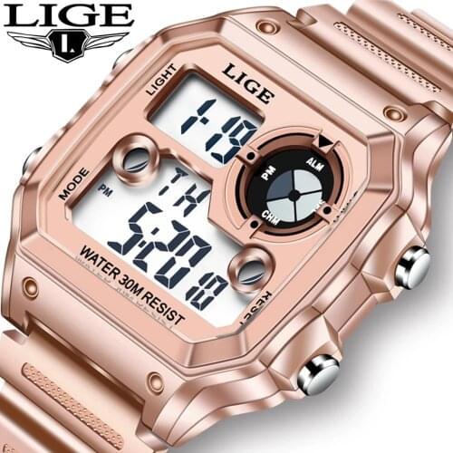 LIGE Fashion Women Sports Watches Waterproof Ladies Student Multifunctional Wristwatch LED Digital Quartz Pink Watch Girl Clock