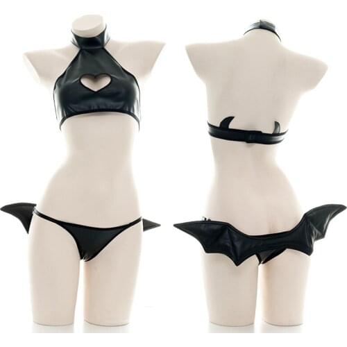 Gothic Love Open Chest Little Devil Bat Wing Love Hollow Out Leather Underwear Set Sexy Lolita Halter Vest Pajamas Set Cosplay