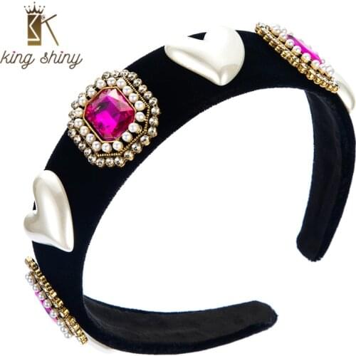 King Shiny Ethnic Baroque Heart Imitation Pearl Headband Elegant Geometric Color Crystal Beaded Hairband Bridal Wedding Headwear