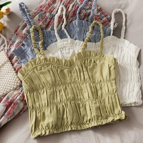 Short Umbilical Folds Wooden Ear Sling Top Womens 2021 New Niche All-match Solid Color Slim Tube Top Small Camisole Summer