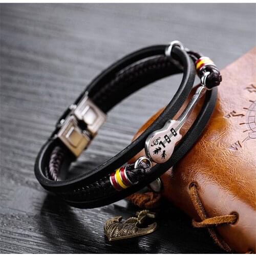 Muli-layer Music Leather Bracelet for Men Women 210mm Stainless Steel Guitar Id Cuff Bracelet - Guitarist Jewelry GUITAR IX-38FH