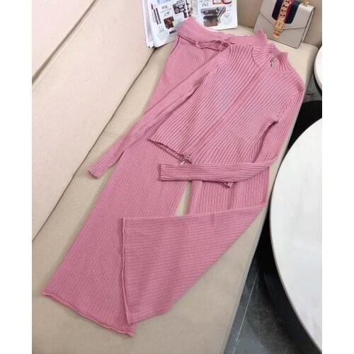 Fashion 2021 New Ladies Wool Knit Suit Zipper Stand Collar Top + High Waist Lace Wide Leg Pants 2 Piece Set 1229