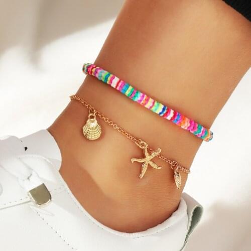 Fashion Iron Alloy Gold Anklet Chain Womens Beach Wind Color Polymer Clay Shell Starfish Pendant Anklet Chain Jewelry for Girls
