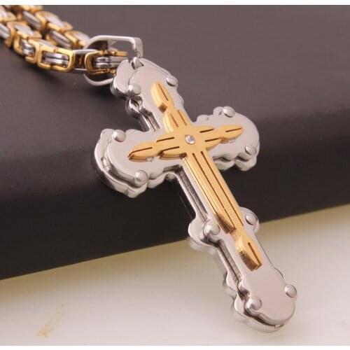 Brand New Trendy Mens Jewelry Silver Gold Stainless Steel Byzantine Necklace Chain Cross Pendant