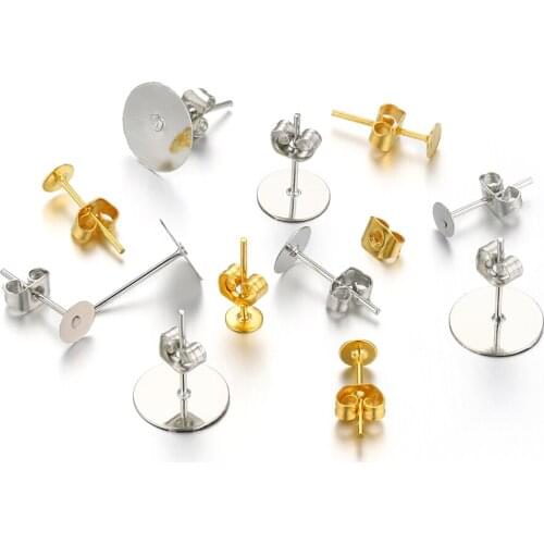 100pcs/lot 4-10mm Studs Earring Base Ear Pins Rhodium Gold Metal Blank Setting with Earring Plug Ear Back for Diy Jewelry Making