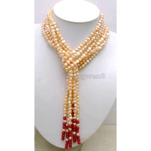 SALE! Supper Long 45'' 6-7mm Baroque natural Pink Pearl 3 Strands Necklace