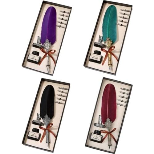 Retro Classical Feather Quill Dip English Calligraphy Fountain Pen with Writing Ink 5 Nibs Kit Set Stationery Gift Box