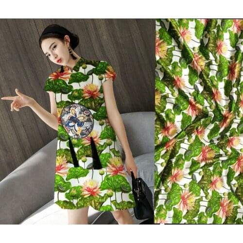 Discount New Fashion Super Fashion Designs Pink Lotus Leaf Flowers Print Fabric Blouse Dress Silk Satin Fabric By The Textile