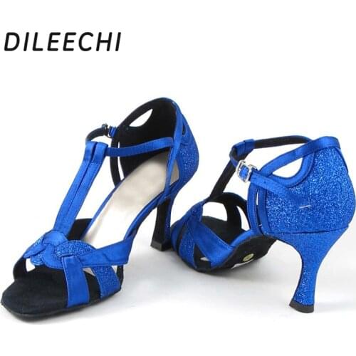 DILEECHI New Blue flash Latin dance shoes Bed Gold Black Adult female high-heeled 7.5cm Salsa Samba Tango Ballroom dancing shoes