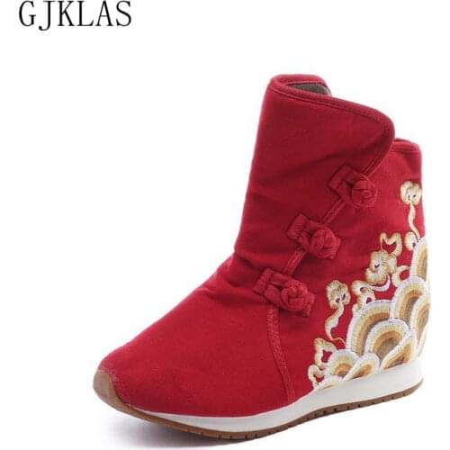 Ethnic Style Embroider Wedges Shoes for Women Ankle Boots Casuales Canvas Ladies Fashion Boot Oxford Wedge Boots Women Heel