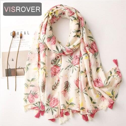 VISROVER New Pink Flower Printing Viscose Autumn Women Scarf Tassel Fashion Winter Pink Scarf Shawls Hijab Gift Wholesales