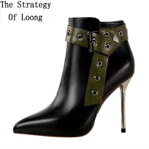 Winter Retro Internal Celebrity Thin High Heels Rivet Pointed Toe Metal Buckle Belt Plush Women Short Ankle Knight Boots 200911