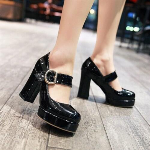 YMECHIC 2018 Women Pu Patent Leather Pumps Chunky High Heels Buckle Mary Janes Ladies Casual Office Party Shoes Plus Size 34-47