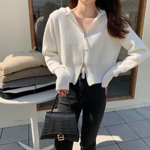 Double Zipper Hooded Knitted Sweater Women Long Sleeve Casual VIntage Jumpers Cardigans Soft Korean Solid Knitwear M048