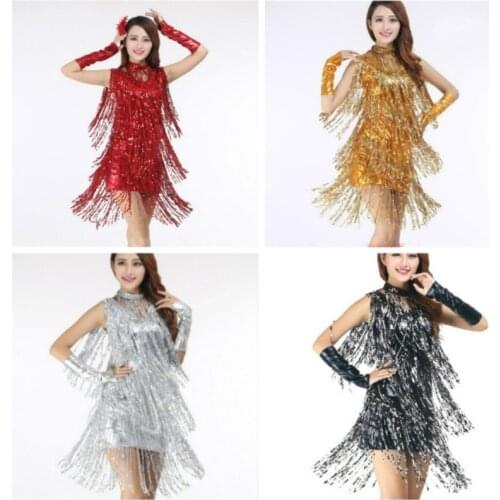 Women New Latin Dress Tango Rumba Waltz Salsa Tassels Dance Wear Costume Ballroom Red Golden Silver Dancewear 904-440