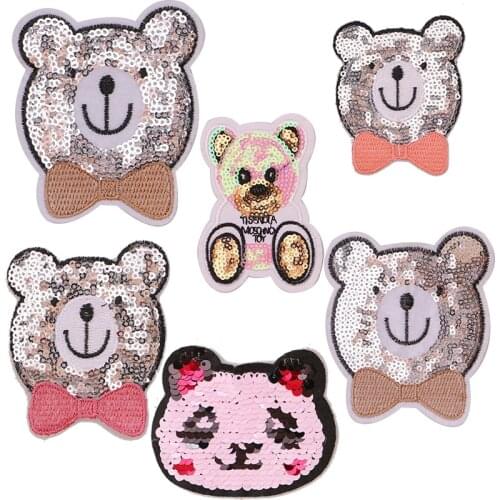 1 Pcs Cute bear avatar cartoon sequin icon Iron on Patches for Clothing DIY Stripes Clothes Patchwork Stickers Custom Badges