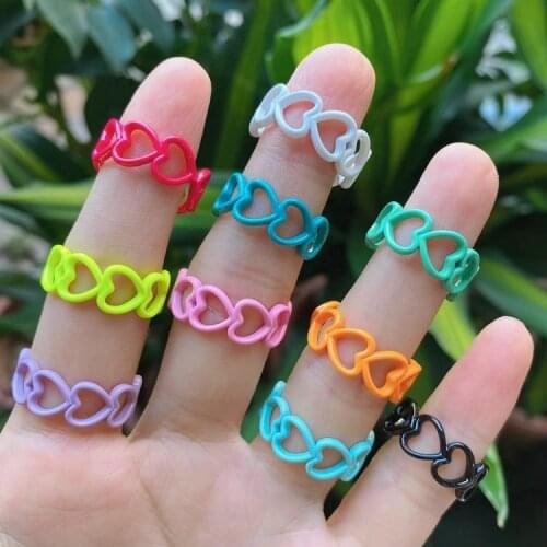 10Pcs 2021 Hot Summer Style Multi colors Heart Neon Colors Gold Plating Adjustable Brass Ring