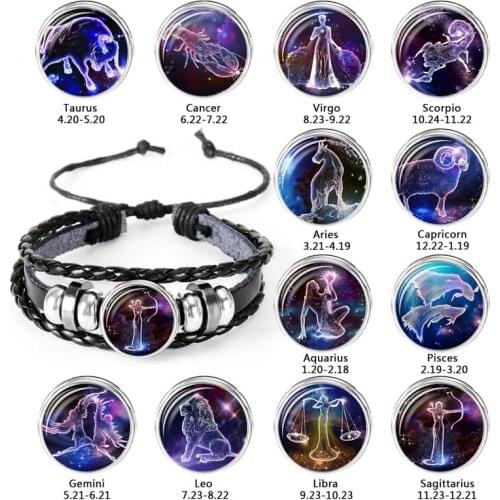 12 Zodiac Signs Constellations Black Button Woven Leather Bracelet Glass Dome Jewelry Men Aries Libra Leo Cancer Birthday Gift
