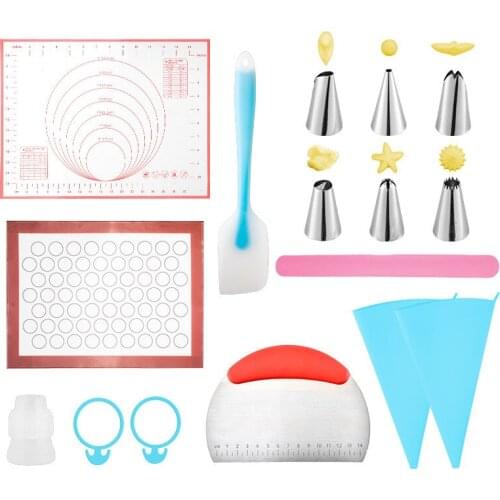 16 Pieces Baking Set Silicone Kneading Pad Scraper Stainless Steel Piping Nozzle Bag Baking Tools Cake Decorating Kit