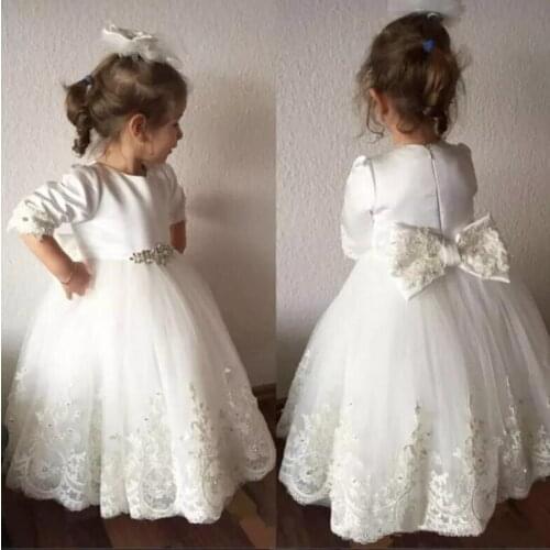 Long Sleeve White Little Girls Puffy Dresses White Baby Girls First Communion Dresses Long Sleeve Girls Lace Dresses Girls Gowns