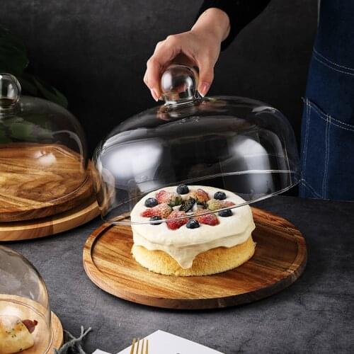 Wooden tray with glass cover Rotatable Acacia wood round cake dessert plate afternoon tea fruit snack bread dish
