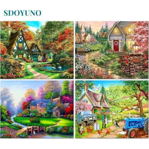SDOYUNO 60x75cm Painting By Numbers Forest cabin DIY Pictures By Numbers For Adult Frameless Landscape Digital Painting On Canva