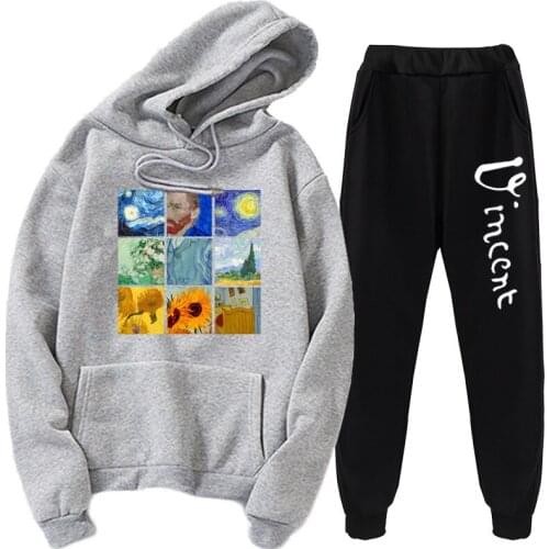 Black Hoodie Women Two Piece Set Women Track Suit Van Gogh Jiugongge Oil Painting Hoodie New Van Mens Womens Sweater Suit