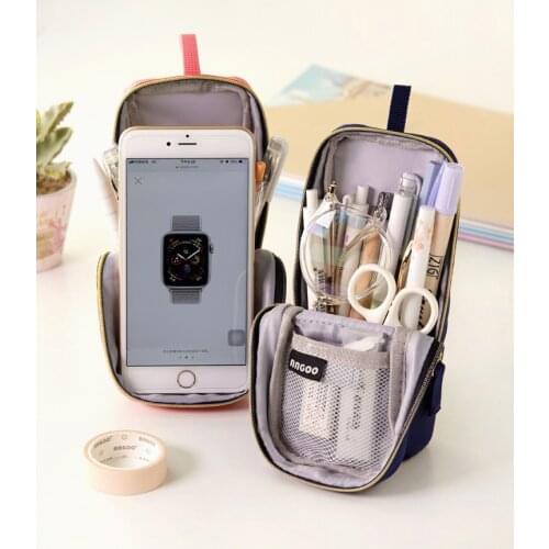 Korean version large-capacity pencil case standing multifunctional mobile phone holder solid color canvas student pencil case