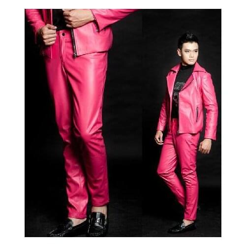Red Singer costumes PU faux leather pants for the mens 1 pants man stage Rivets trousers mens pants clothing Provide custom