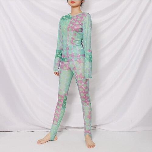 Autumn Fashion Plus Size 2XL Green Printed Stretch Pants High Waist Sports Leggings Women Mesh Sexy Slim Long Pants Clothes