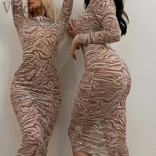 Summer Women Long Sleeve Mesh Print Bodycon Dress Sexy High Waist Midi Dress