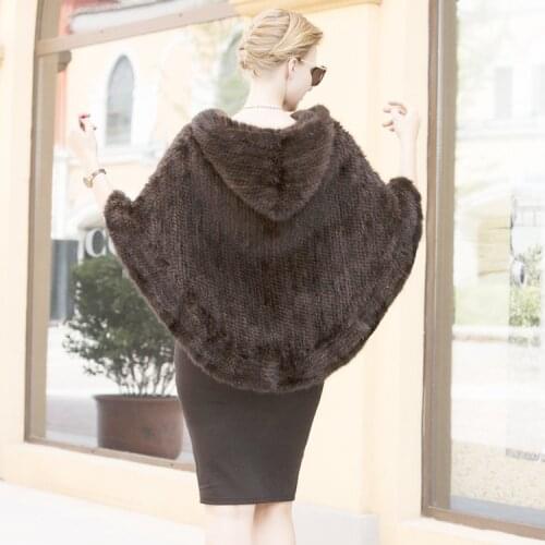 New real genuine natural knitted mink fur shawl coat womens fashion knit jacket with hood cape
