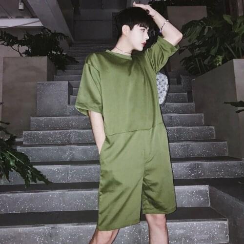 New Hip Hop Short Sleeve Romper Mens Back Zipper Retro Jumpsuit Men Street Dancing Summer Fashion One Piece Overalls