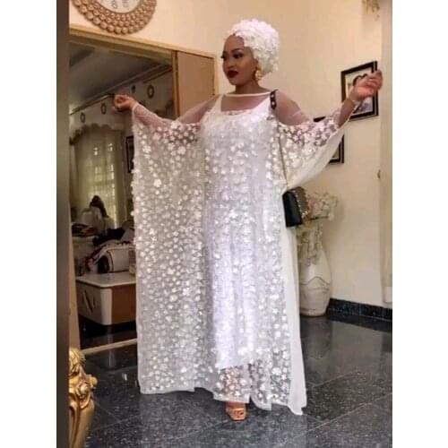 Solid Autumn Batwing Sleeve Chiffon Floral Embroidery Printed African Dress Women (2 in 1) Two Piece Set robe africaine femme