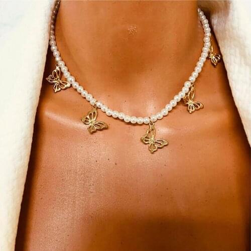 Butterfly Pendant Necklace Creative Faux Pearl Choker Necklace Clavicle Chain For Women Girls Elegant Sweet Jewelry Gift