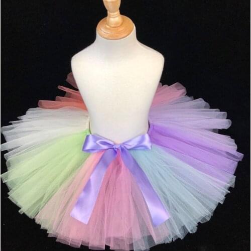 Girls Pastel Tutu Skirt Kids Ballet Dance Tulle Pettiskirt Underskirts with Purple Bow Children Party Costume Rainbow Skirts