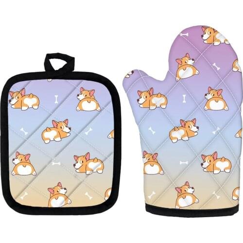 2pcs Kitchen Gloves Insulation Corgi Pattern Pad Cooking Microwave Gloves Baking BBQ Oven Potholders Oven Mitts Kitchen Gloves