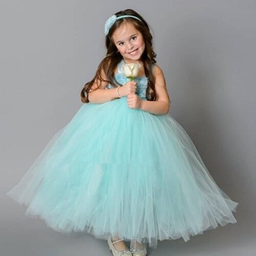 Girls Aqua Flower Tutu Dress Kids Crochet Tulle Dress Long Ball Gown with Hairbow Children Birthday Party Costume Princess Dress