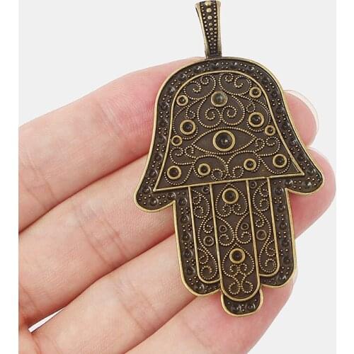 2PCS Antique Bronze Large Fatima Palm Hamsa Hand Carved Eye Charms Pendants for Necklace Making Jewelry Findings 69x40mm