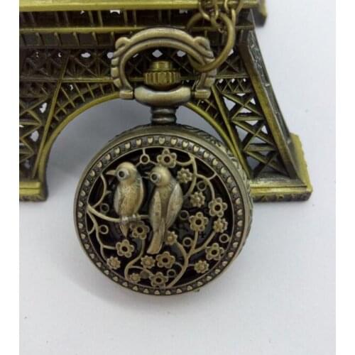 Retro Design Bronze Lovely Bird Hollow Quartz Pocket Watch Necklace Pendant With Chain relogio de bolso