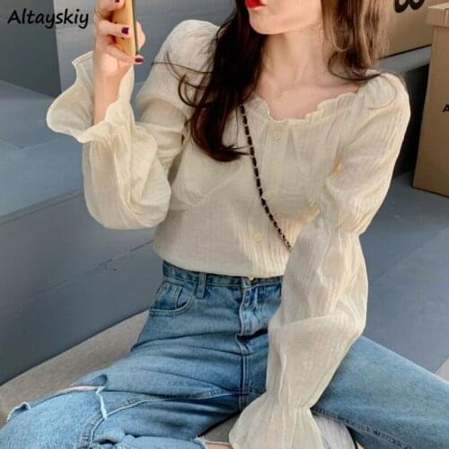Shirts Women Clothing Summer All-match Slash Neck Elegant Bf Single Breasted New Pure Color Aesthetic Slim Tender Button Quality