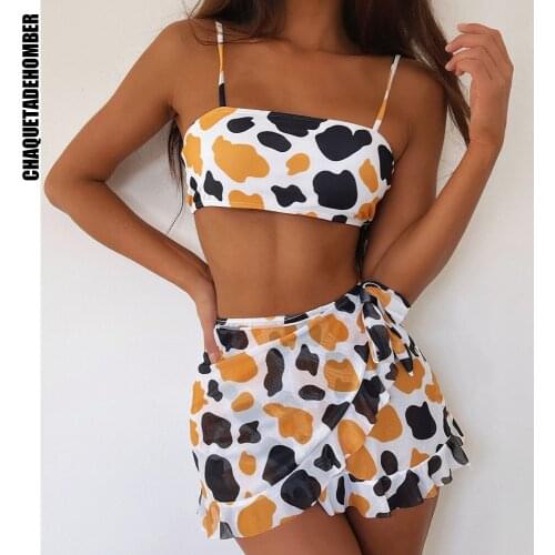 Sexy Bikinis 2021 Women Cows Print Swimwear Summer Three Pieces Short skirt Vest Bathing Suit Halter biquini Beach Wear Swimsuit