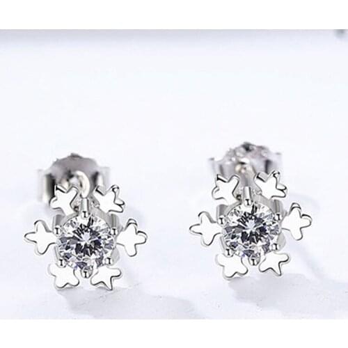 Cute Female White Crystal Snowflake Earring Real 925 Sterling Silver Wedding Earrings For Women Charm Zircon Small Stud Earrings