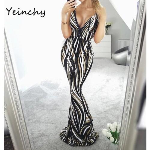 Yeinchy women sexy deep v neck sleeveless straps Sequin dress ladies Backless Long Evening Party Stretch Floor Length maxi Dress